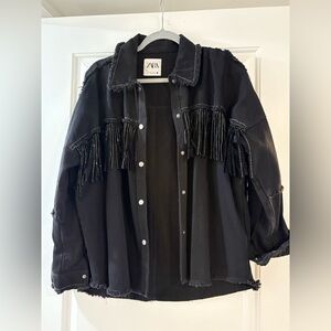 Zara Black Studded Fringe Jean Jacket